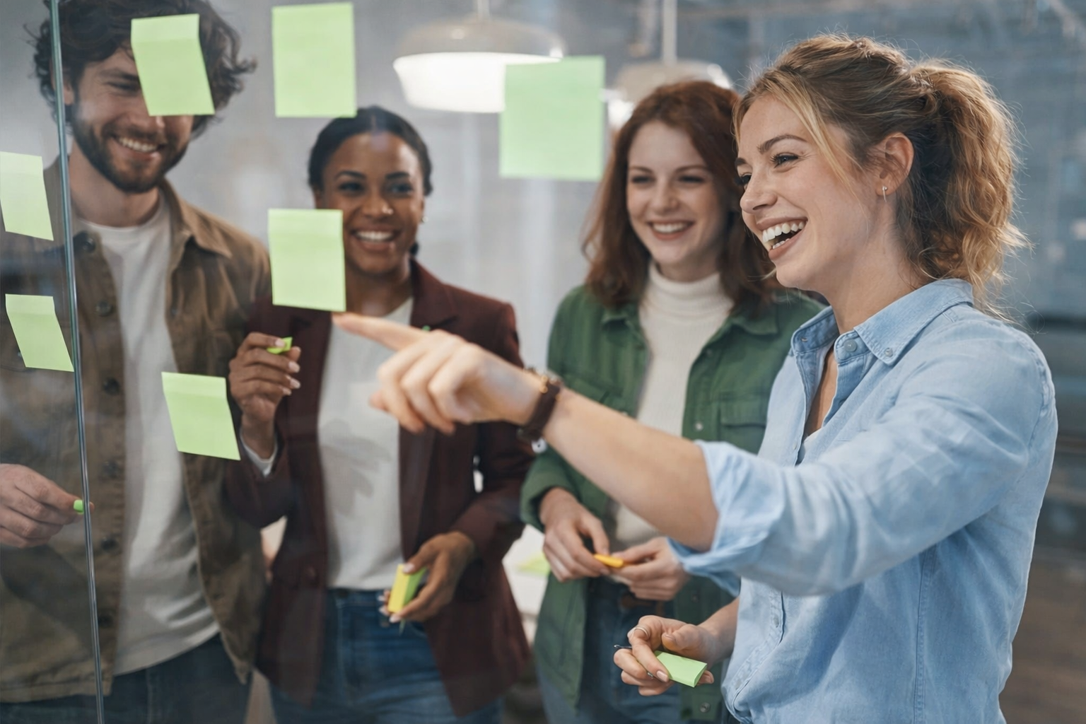 Team collaborating with sticky notes in a workshop session