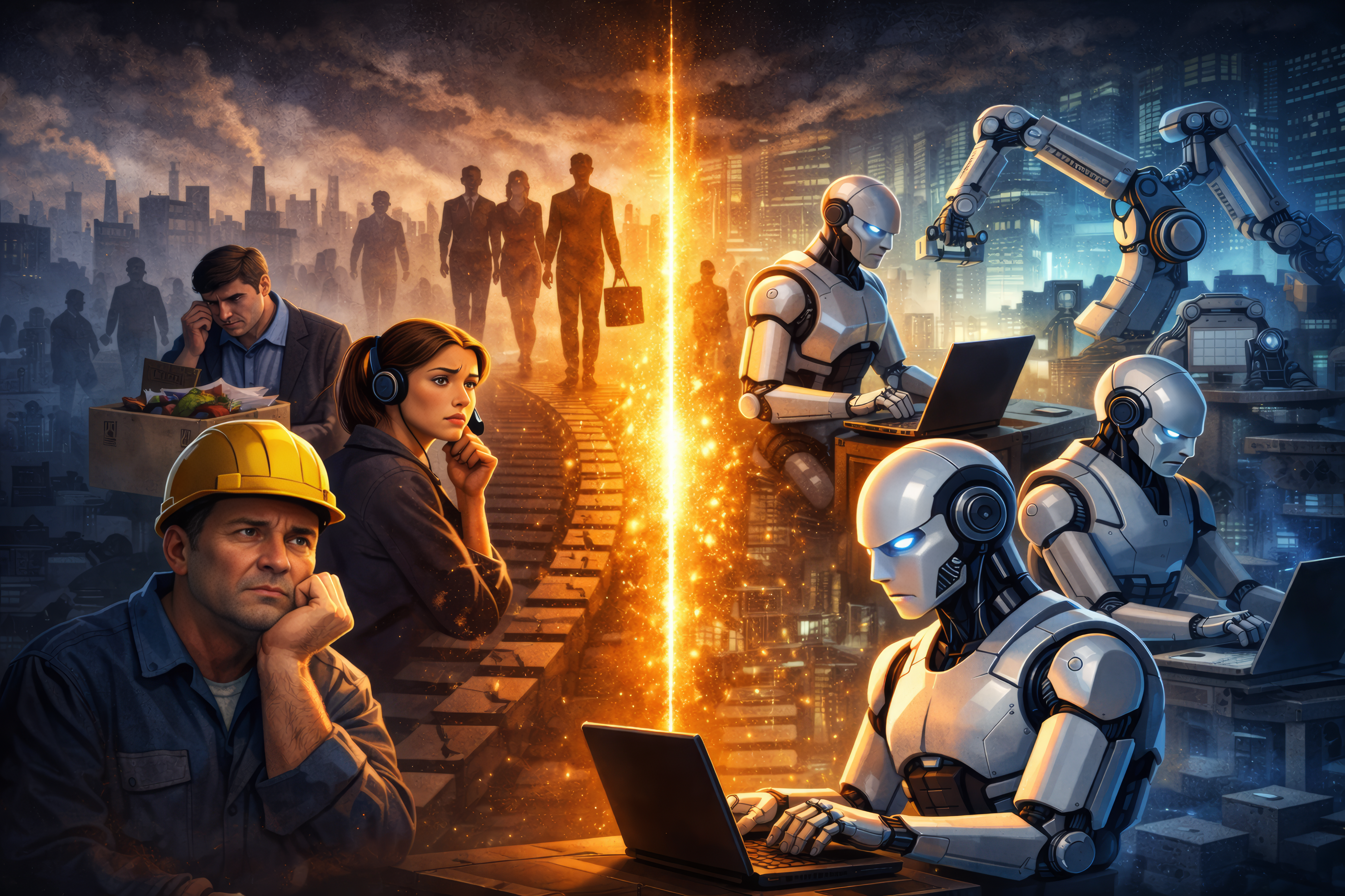Illustration contrasting human workers and robotic automation