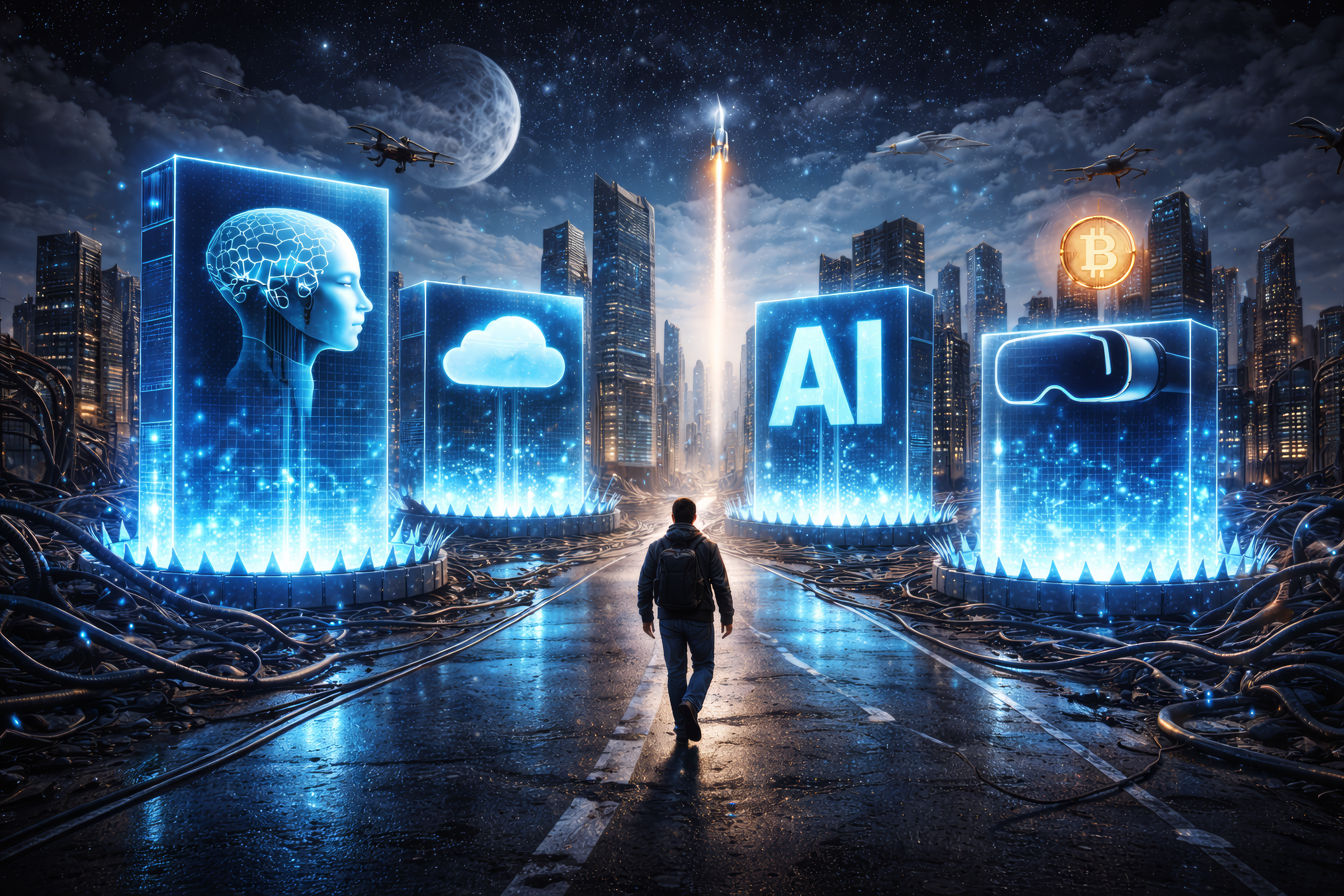 Futuristic scene navigating technology and a glowing city ahead