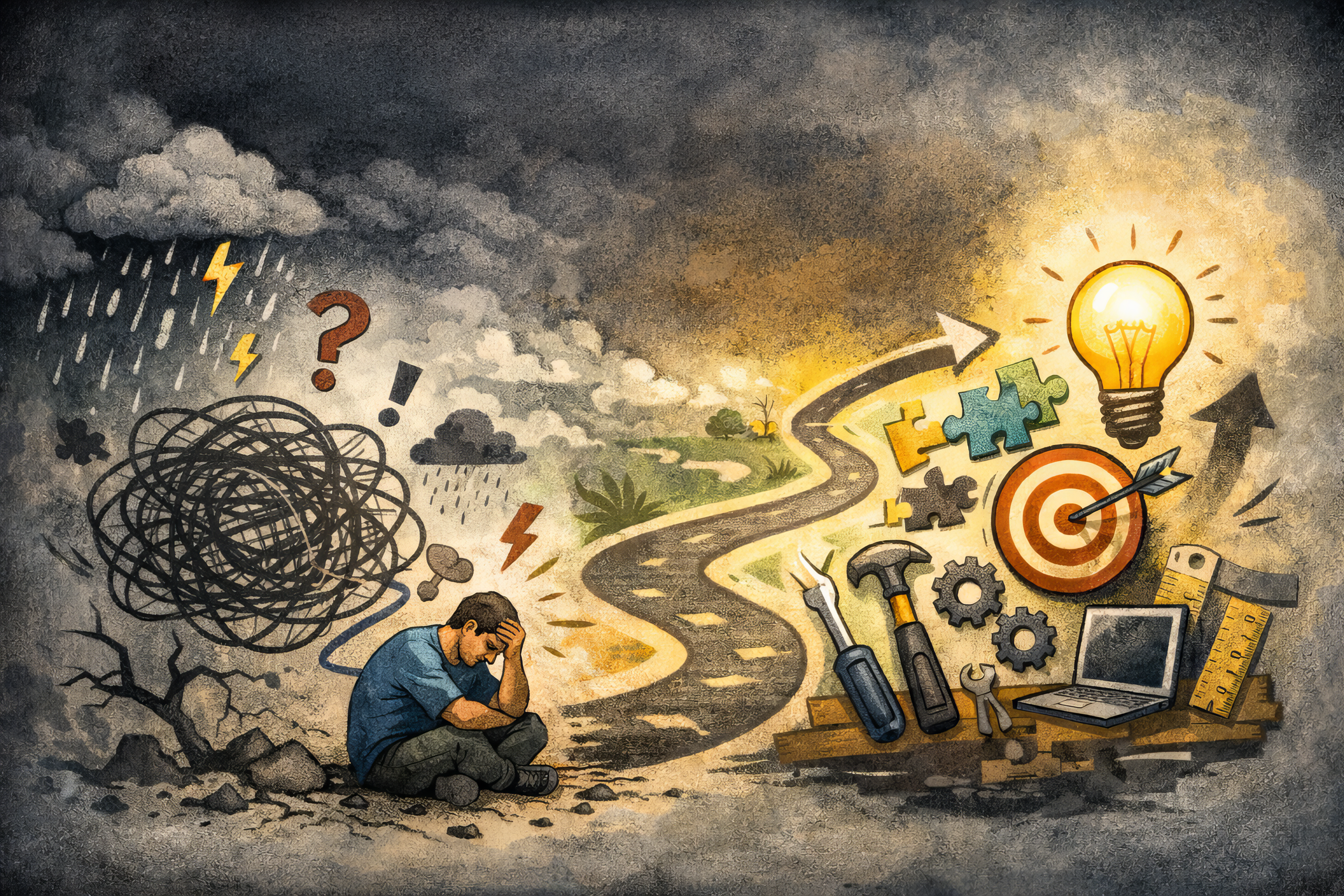 Illustration of moving from a chaotic problem to clarity and tools