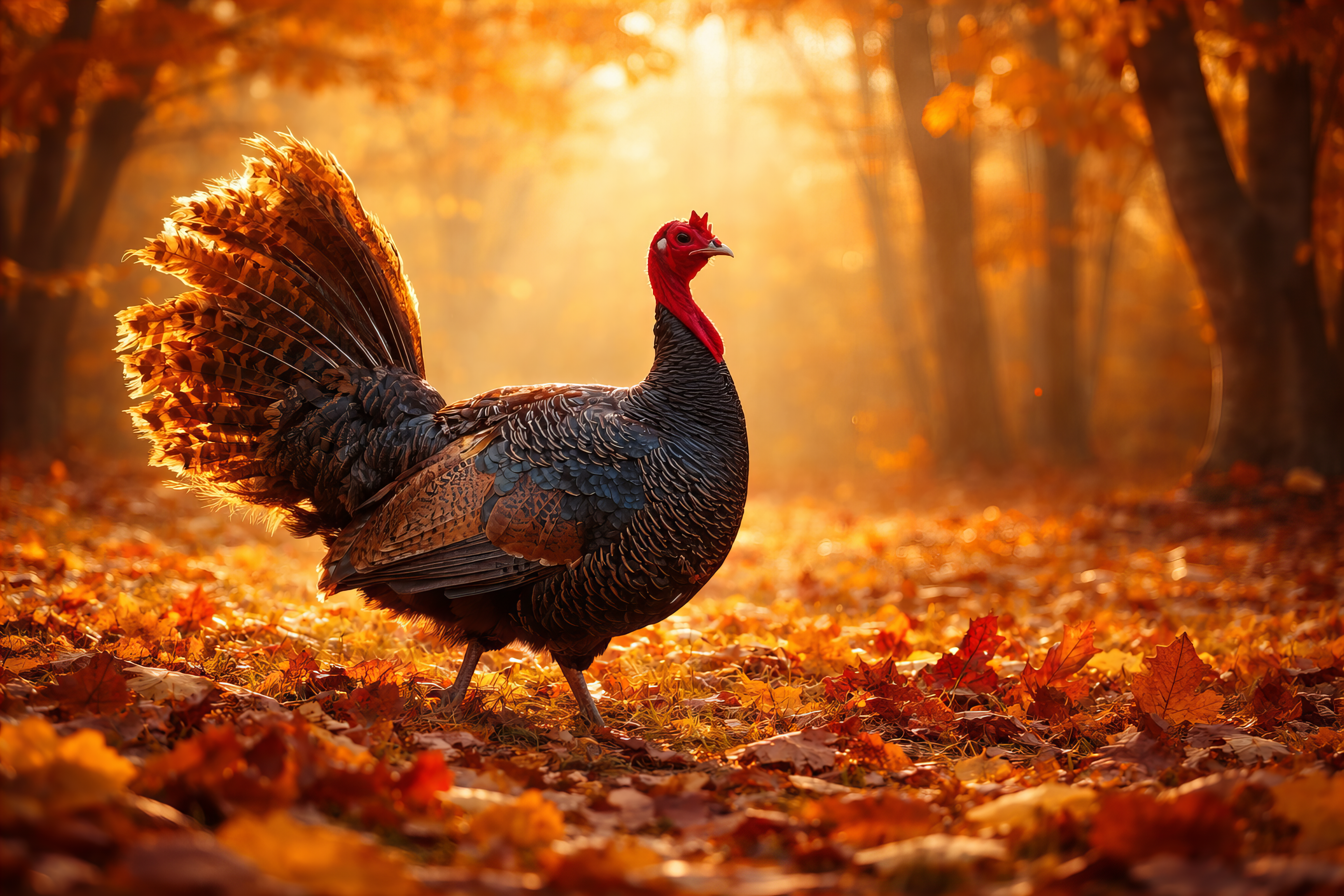 Wild turkey in a sunlit autumn forest, seasonal cover for Harrison’s Seasonal
