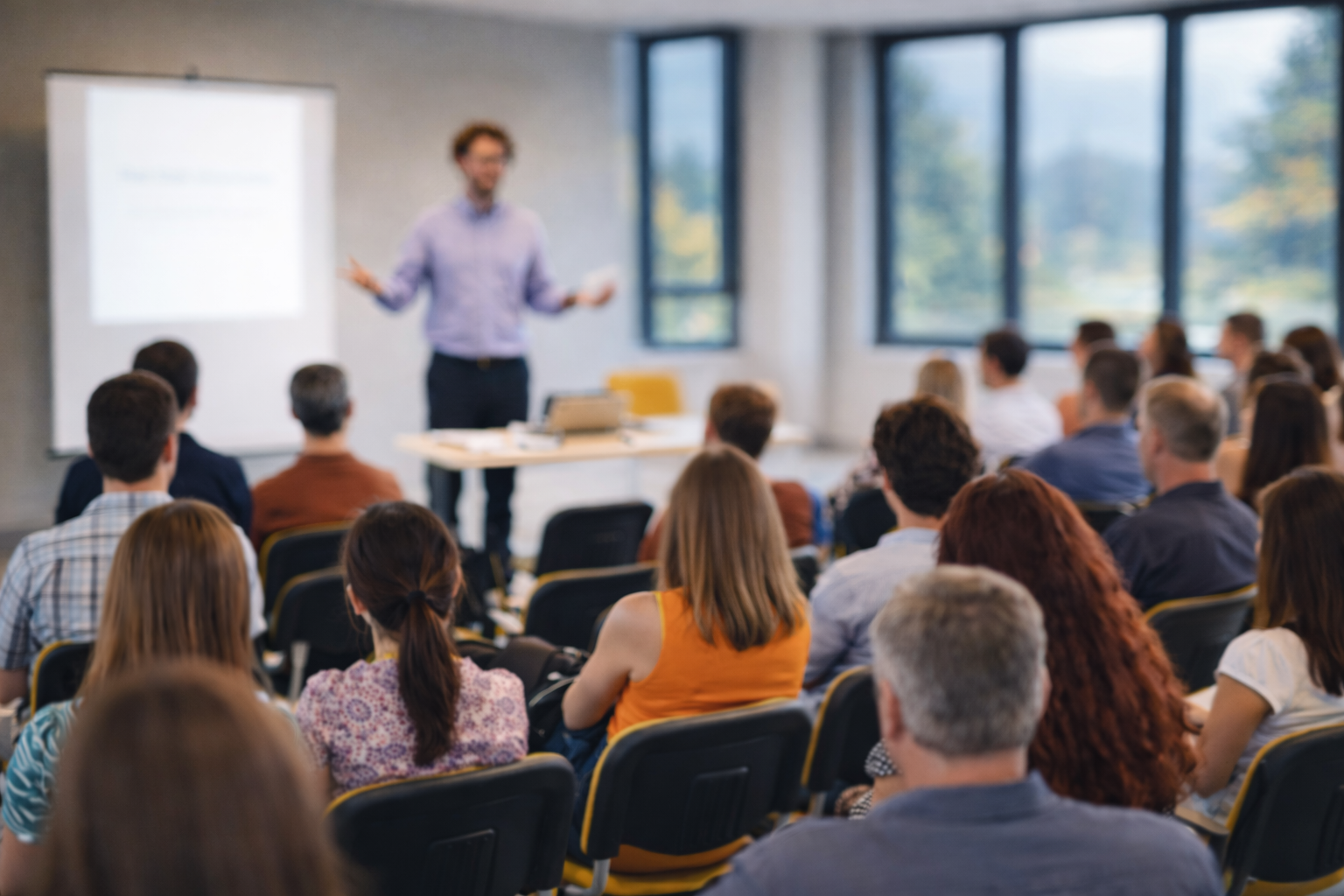 Speaker presenting to an audience in a seminar room